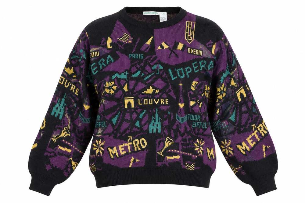 Anne Pinkerton Paris Map Landmarks Novelty Black Purple Knit Sweater